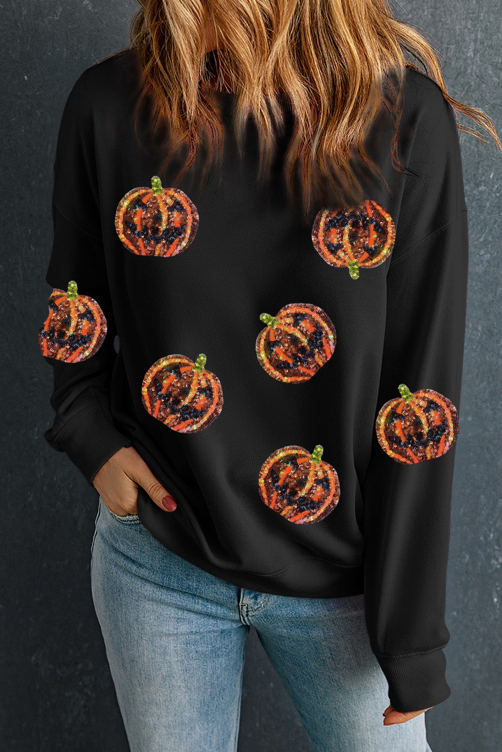 Black Sequin Halloween Pumpkin Graphic Pullover Sweatshirt Black 70%Polyester+30%Cotton Graphic Sweatshirts JT's Designer Fashion