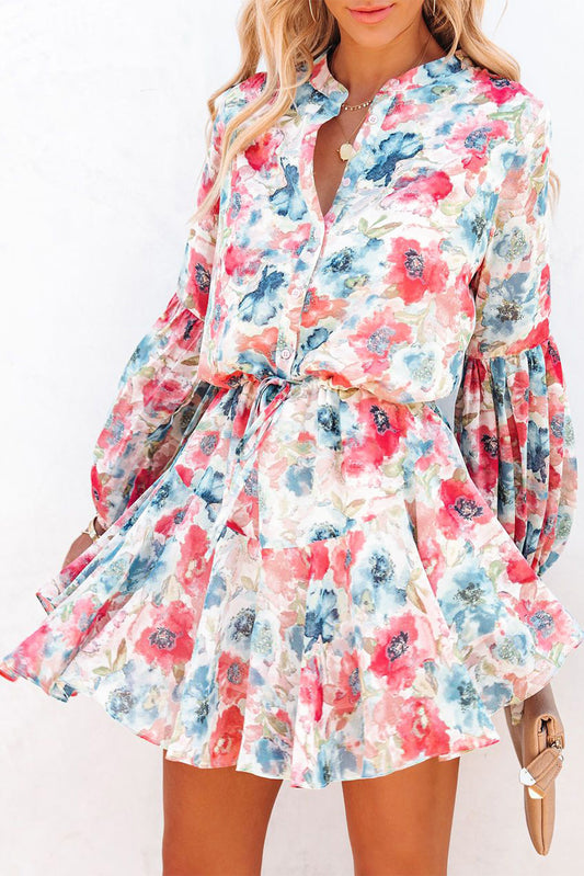 Sky Blue Vintage Floral Print Drawstring Flowy Dress Dresses JT's Designer Fashion