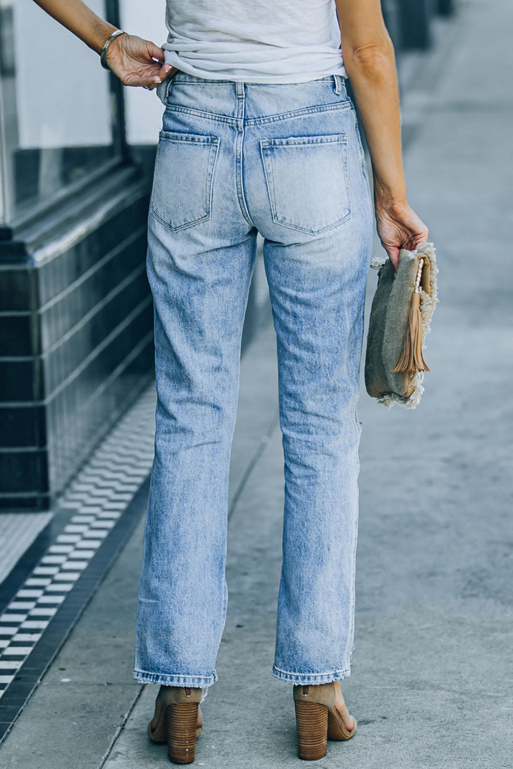 Sky Blue Side Splits Ripped Straight Leg High Waist Jeans Jeans JT's Designer Fashion