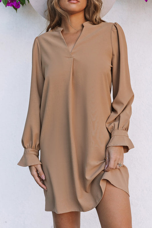 Apricot Split V Neck Ruffled Sleeves Shirt Dress Mini Dresses JT's Designer Fashion