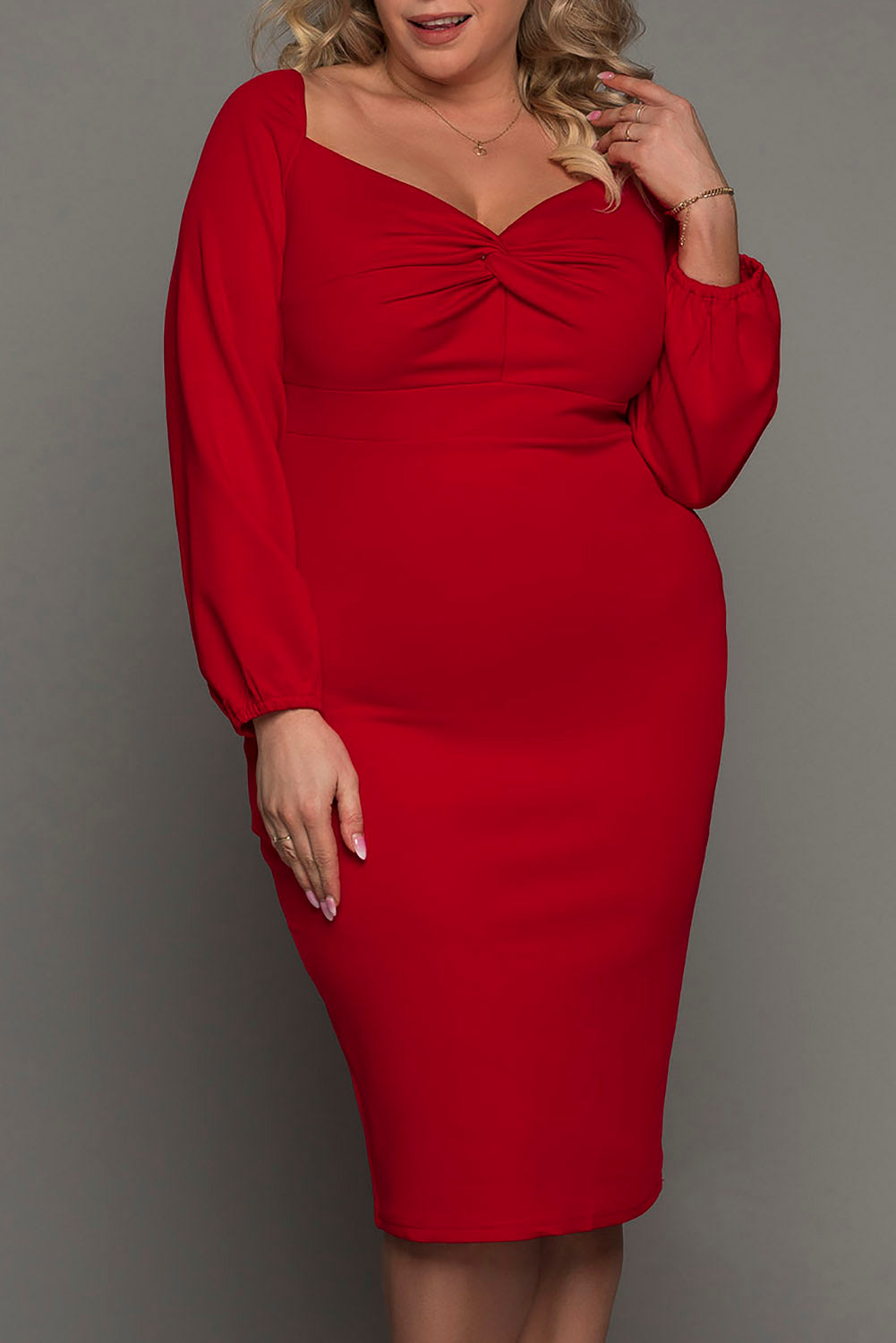 Fiery Red Long Sleeve Front Knot Plus size Midi Dress Red 95%Polyester+5%elastane Plus Size Dresses JT's Designer Fashion