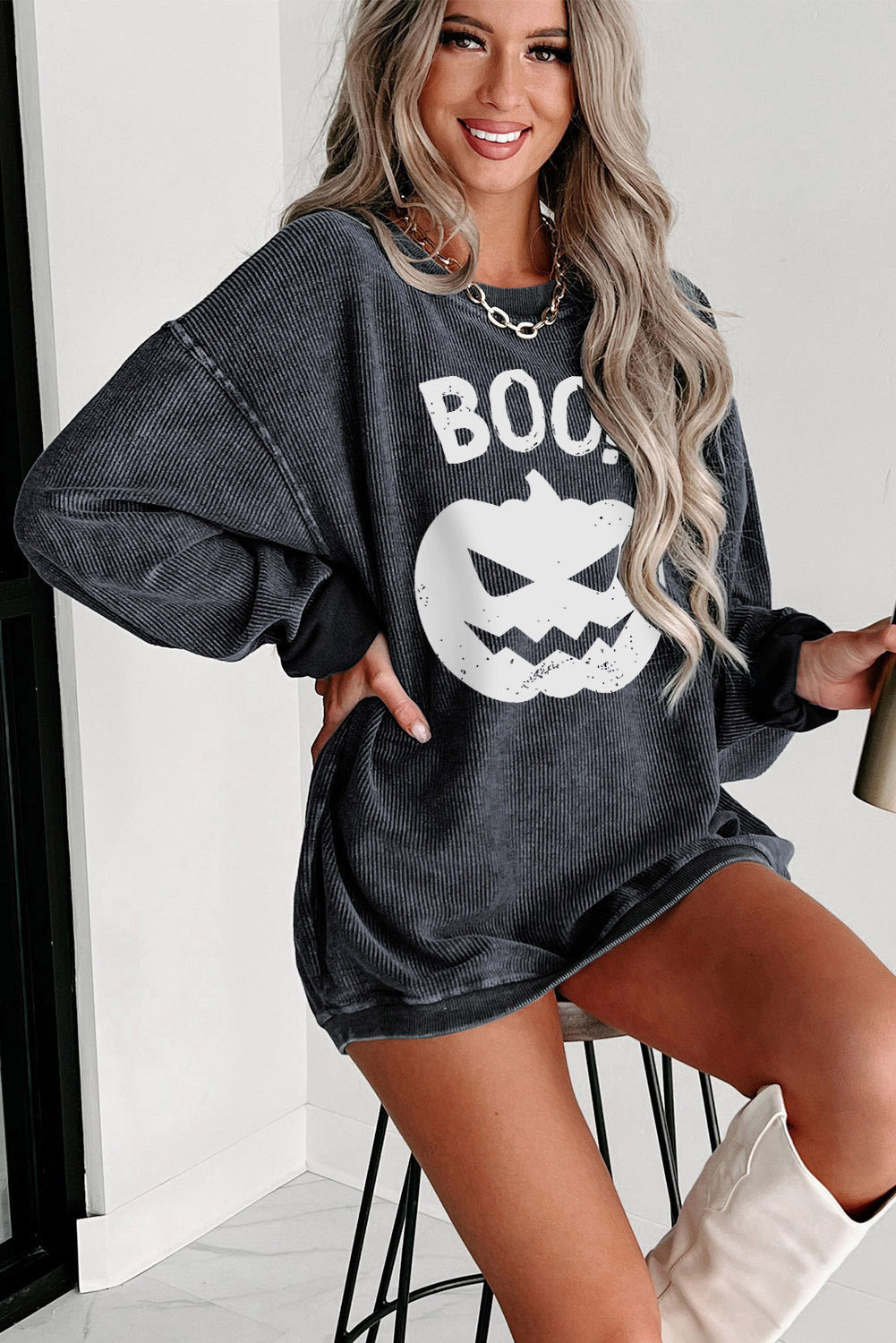 Gray Halloween BOO Pumpkin Face Graphic Corded Sweatshirt Graphic Sweatshirts JT's Designer Fashion