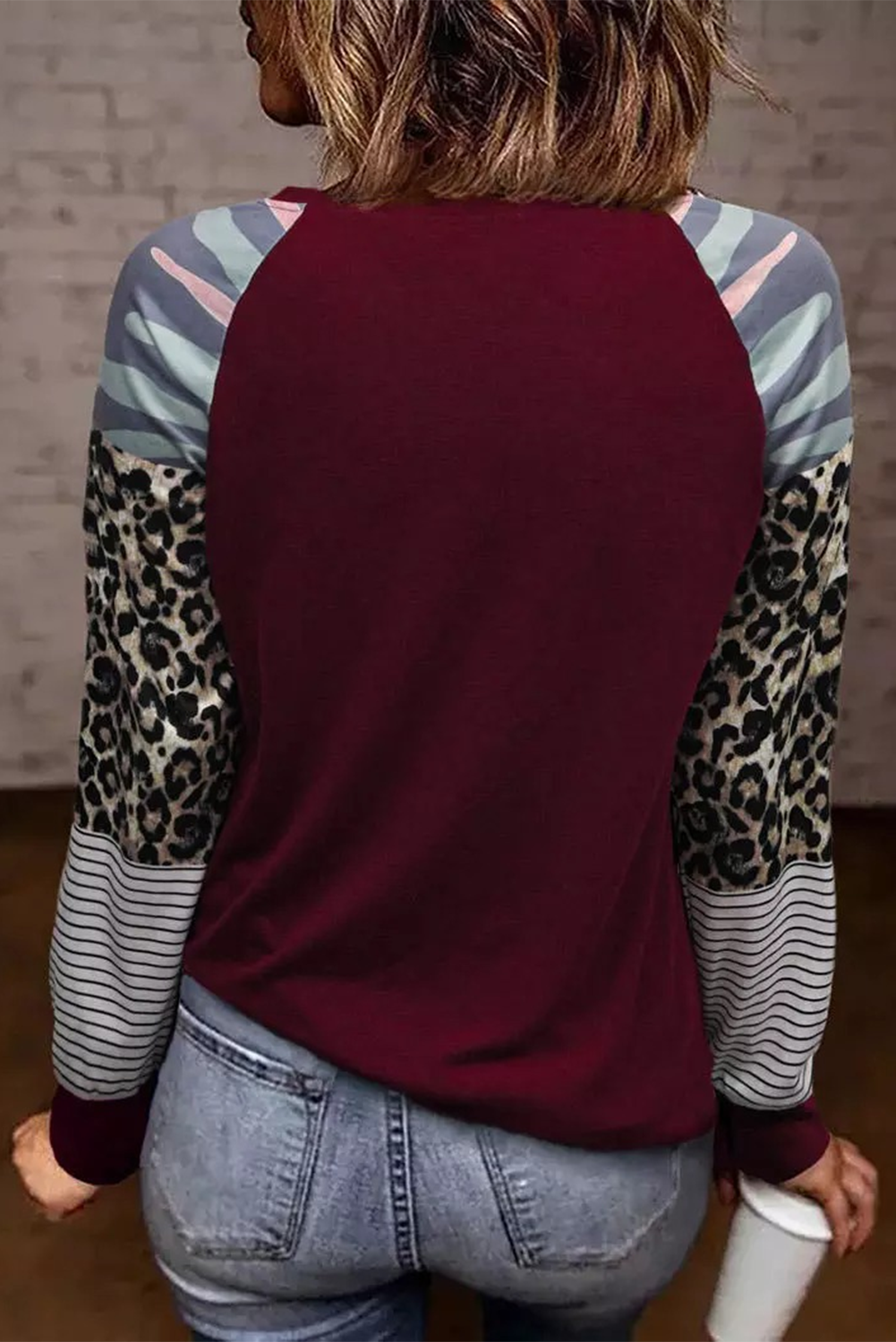 Burgundy Camouflage Striped Leopard Splicing Blouse Long Sleeve Tops JT's Designer Fashion