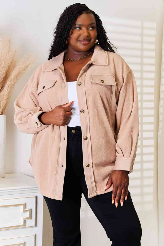 Heimish Cozy Girl Full Size Button Down Shacket Light Apricot Coats & Jackets JT's Designer Fashion
