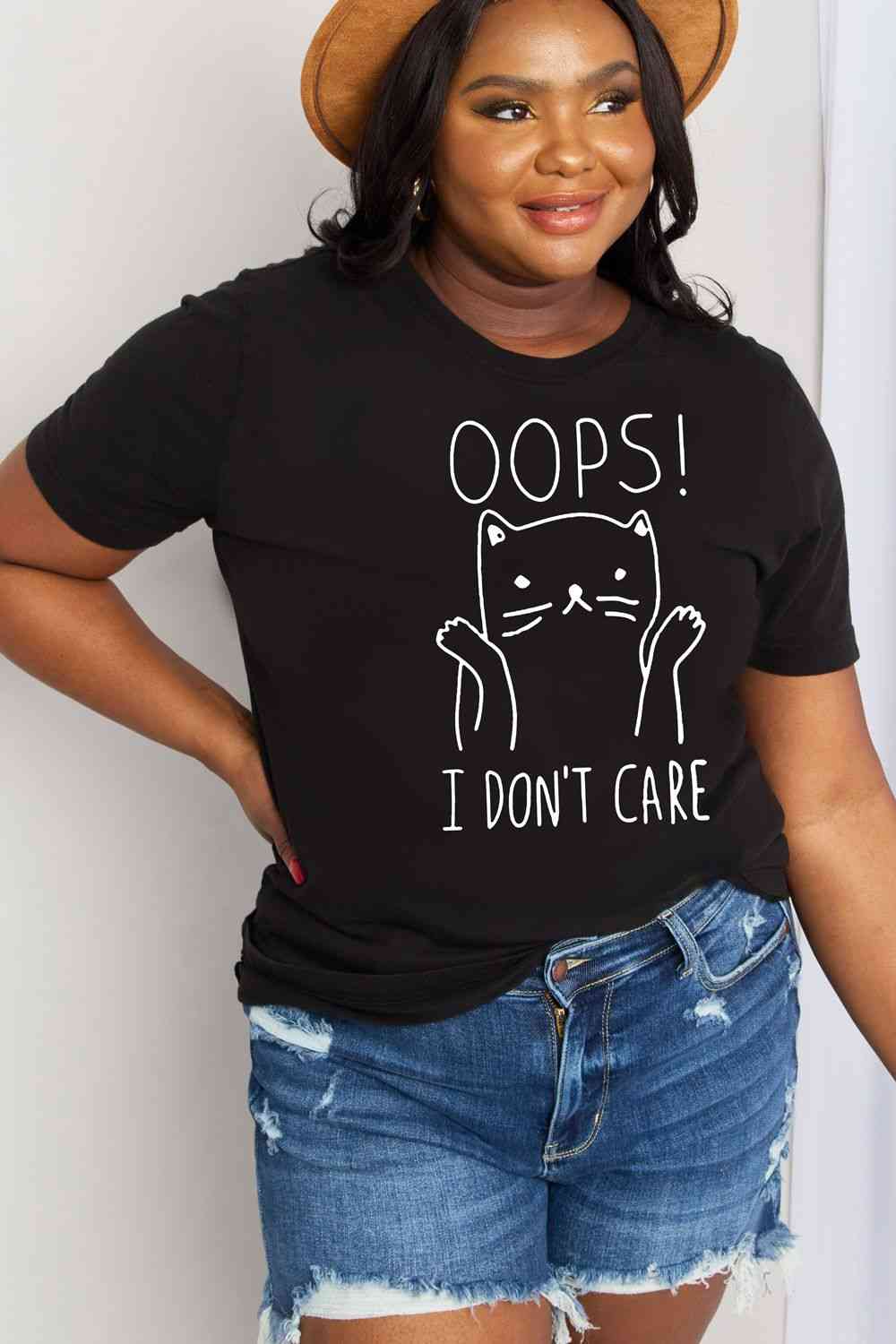 Simply Love Full Size OOPS I DON’T CARE Graphic Cotton Tee Black Graphic Tees JT's Designer Fashion