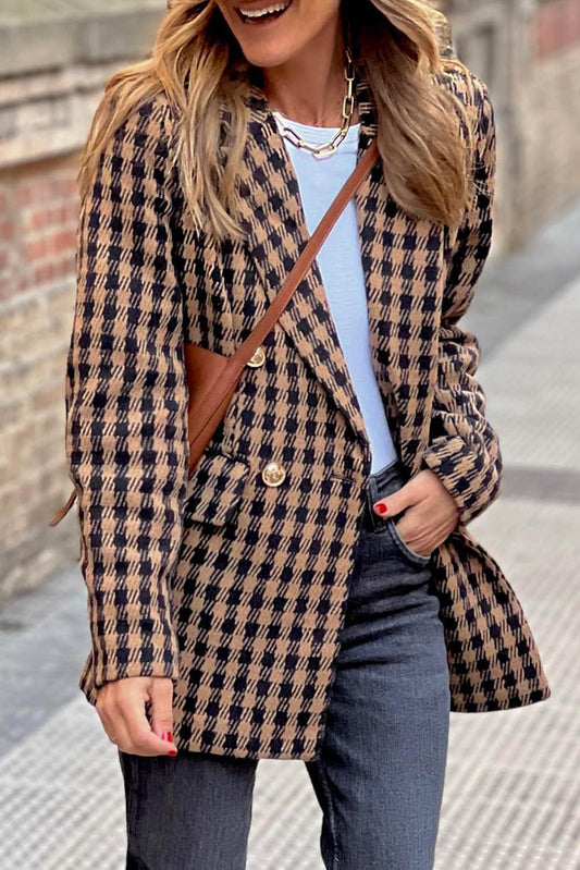 Brown Tweed Plaid Pattern Double Breasted Blazer Outerwear JT's Designer Fashion