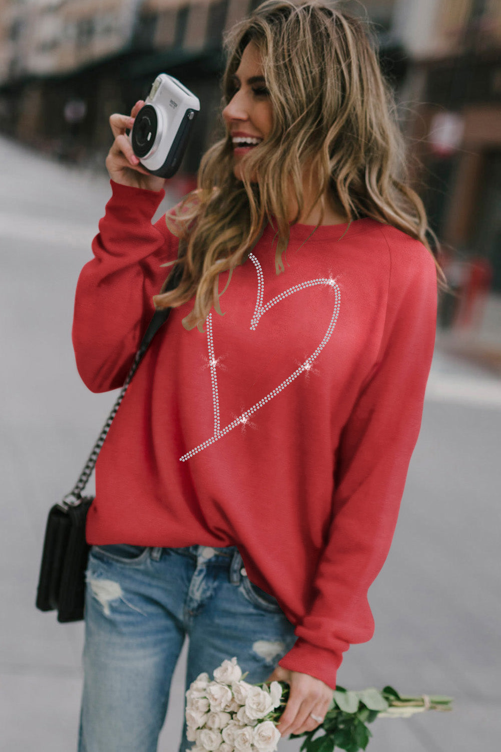 Fiery Red Rhinestone Heart Shaped Long Sleeve Sweatshirt Graphic Sweatshirts JT's Designer Fashion