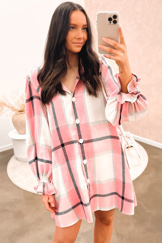 Pink Plaid Pattern Collared Neck Ruffled Sleeve Shirt Dress Dresses JT's Designer Fashion