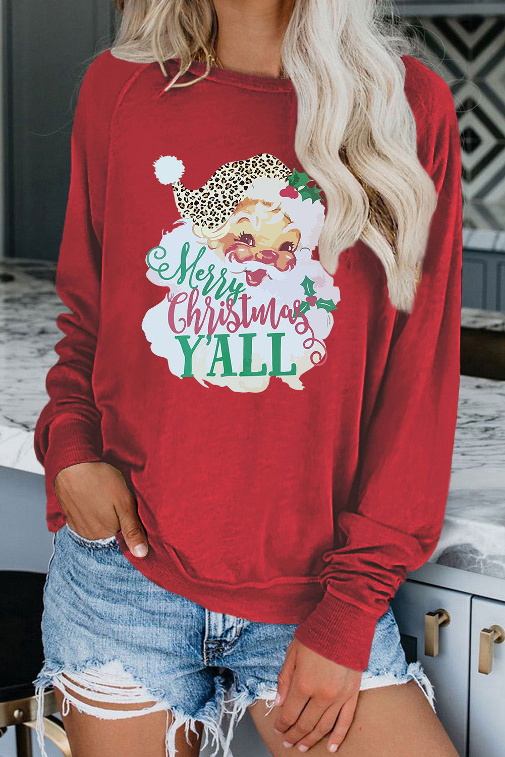 Fiery Red Merry Christmas Y'all Santa Claus Print Pullover Sweatshirt Graphic Sweatshirts JT's Designer Fashion