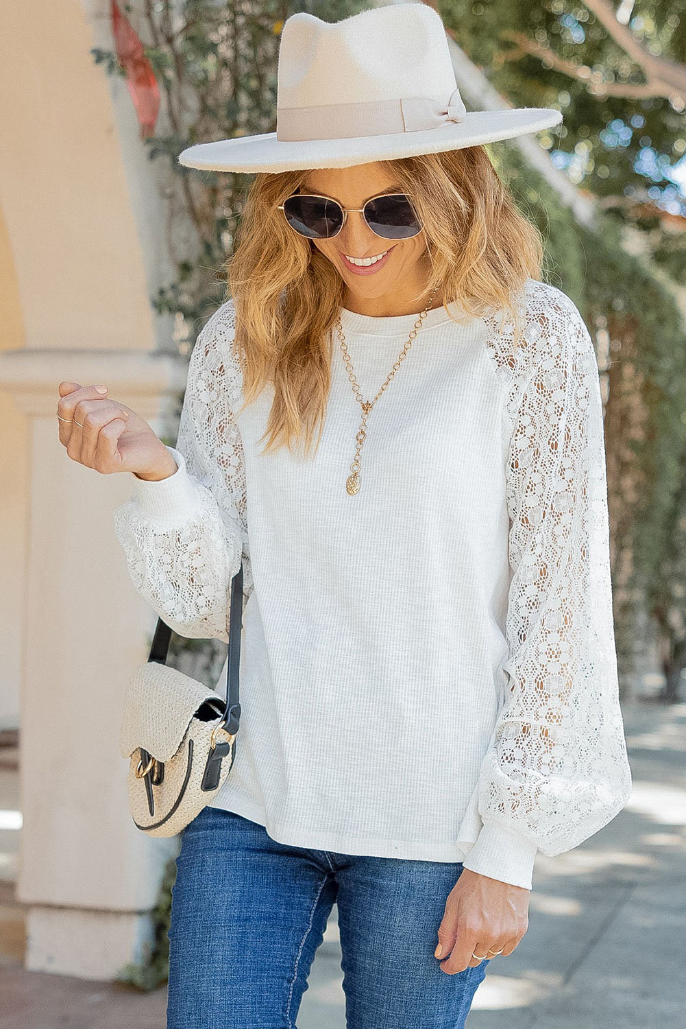 White Lace Sleeve Raglan Ribbed Top Long Sleeve Tops JT's Designer Fashion