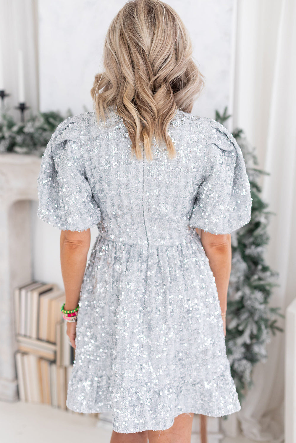 Silvery Sequin Bubble Sleeve Ruffle Hem Flared Dress Pre Order Dresses JT's Designer Fashion
