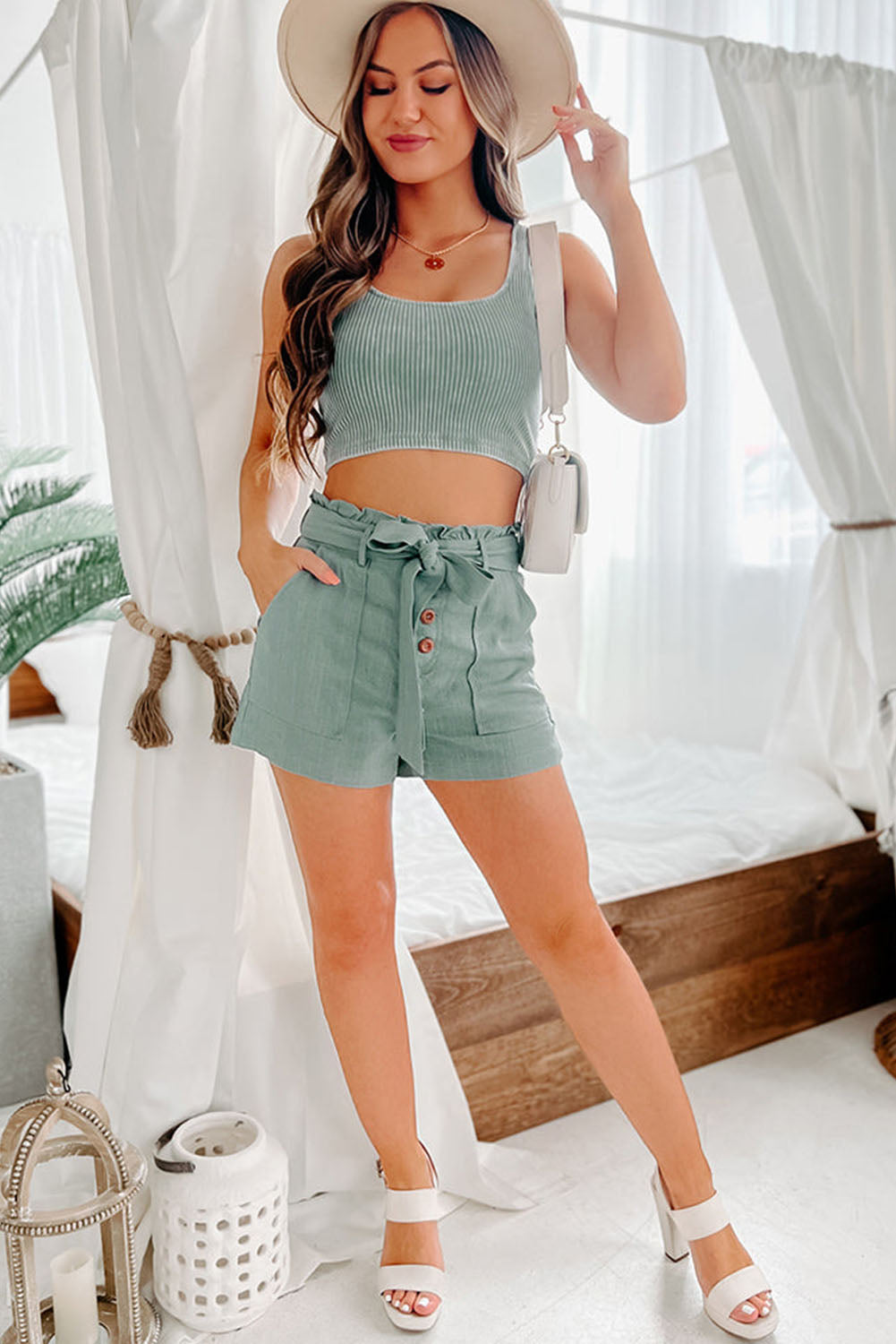Green Button Fly Belted Paperbag Waist High Waist Casual Shorts Casual Shorts JT's Designer Fashion