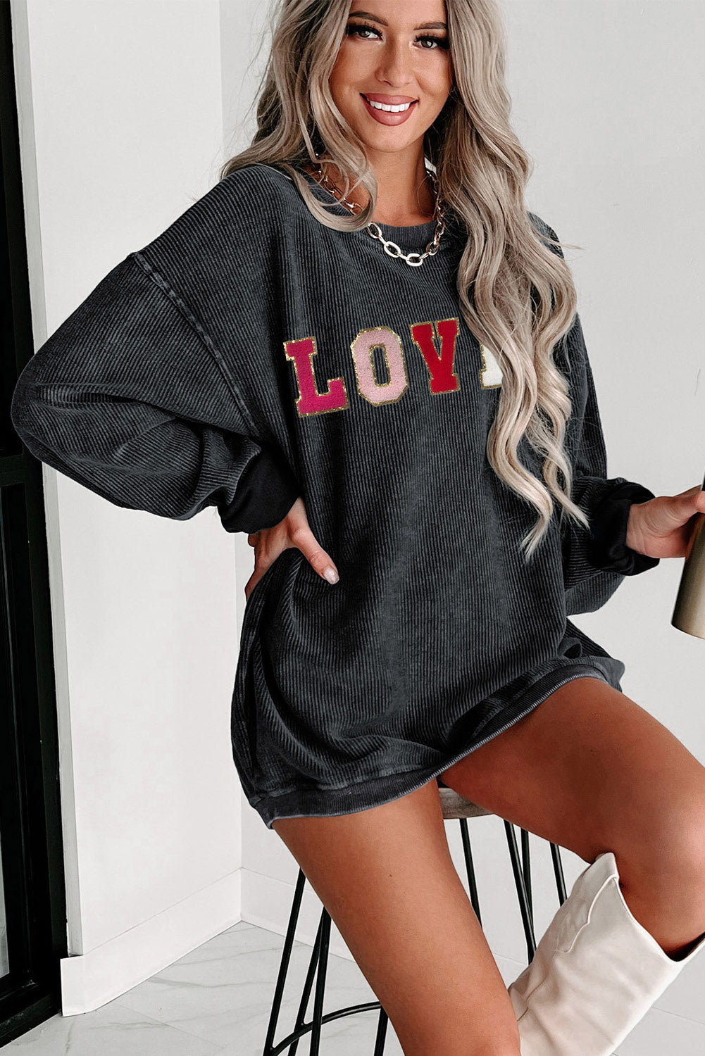 Black Glitter LOVE Letter Graphic Corded Baggy Sweatshirt Graphic Sweatshirts JT's Designer Fashion