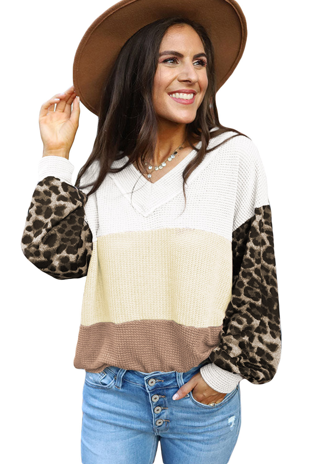 Apricot Wild Leopard Contrast Sleeve Colorblock Waffle Knit Top Long Sleeve Tops JT's Designer Fashion