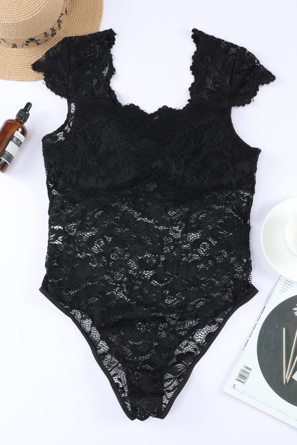 Black Floral Lace Scalloped Square Neck Bodysuit Bodysuits JT's Designer Fashion