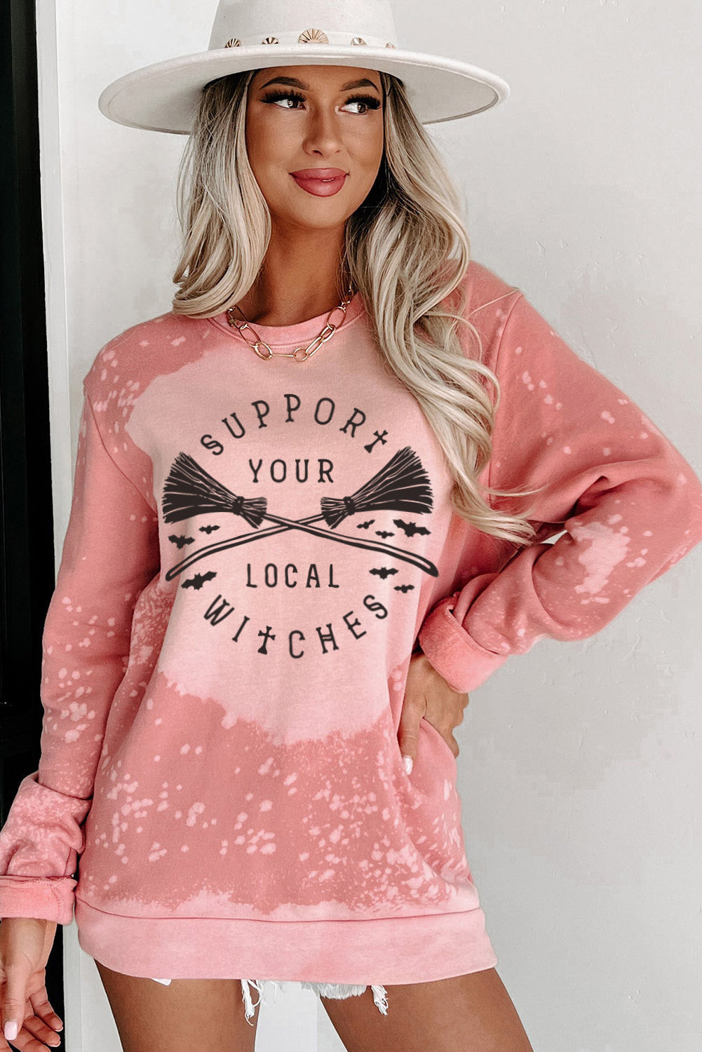 Pink Halloween Pattern Bleached Crewneck Sweatshirt Graphic Sweatshirts JT's Designer Fashion