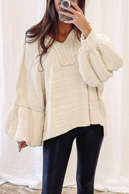 Beige Balloon Sleeve V Neck Oversized Sweater with Hood Pre Order Sweaters & Cardigans JT's Designer Fashion