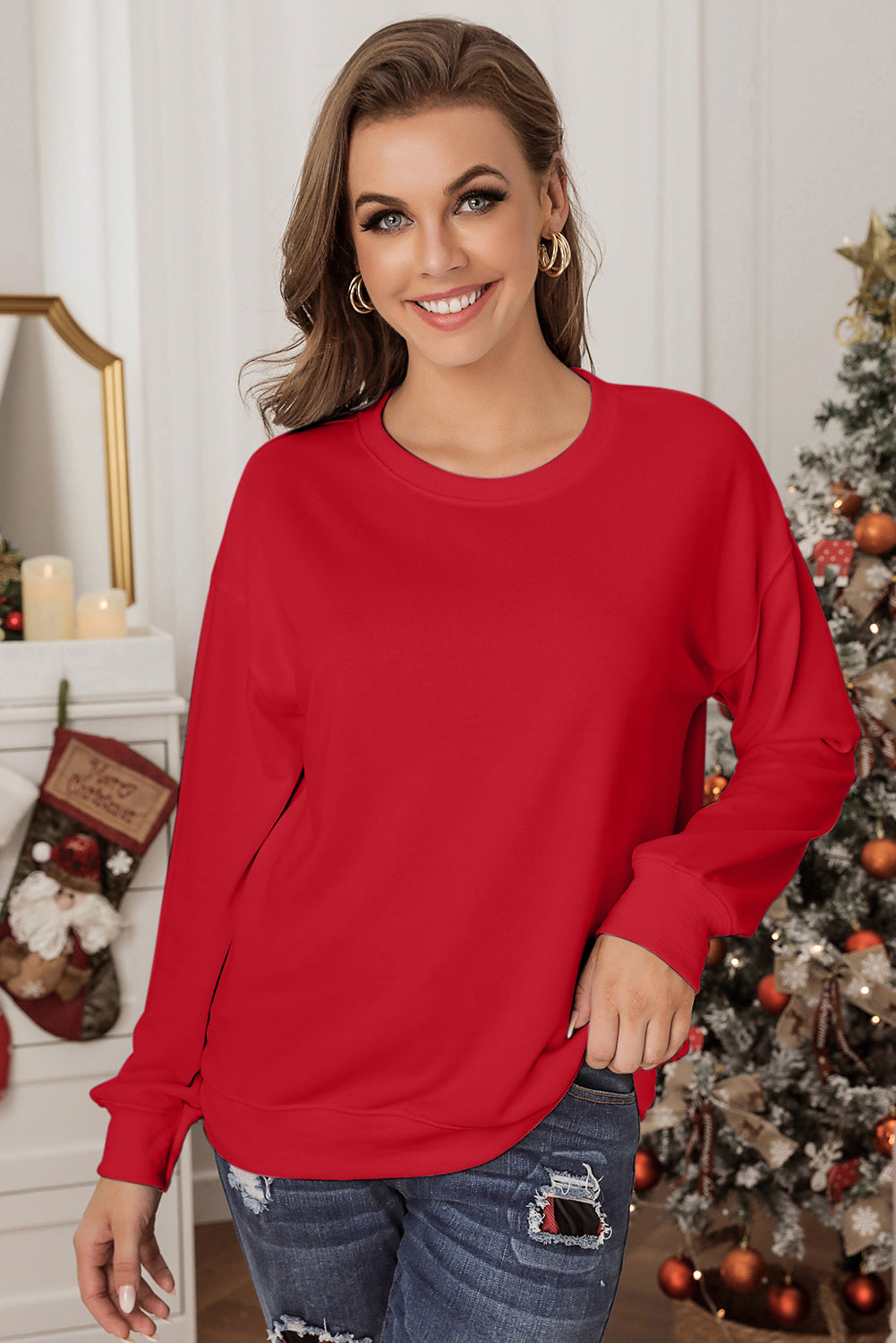 Red Plain Crew Neck Pullover Sweatshirt Sweatshirts & Hoodies JT's Designer Fashion