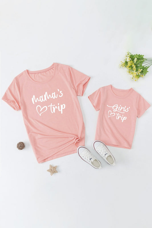 Pink Girl's Trip Heart Print Short Sleeve T Shirt Pink 95%Cotton+5%Elastane Family T-shirts JT's Designer Fashion
