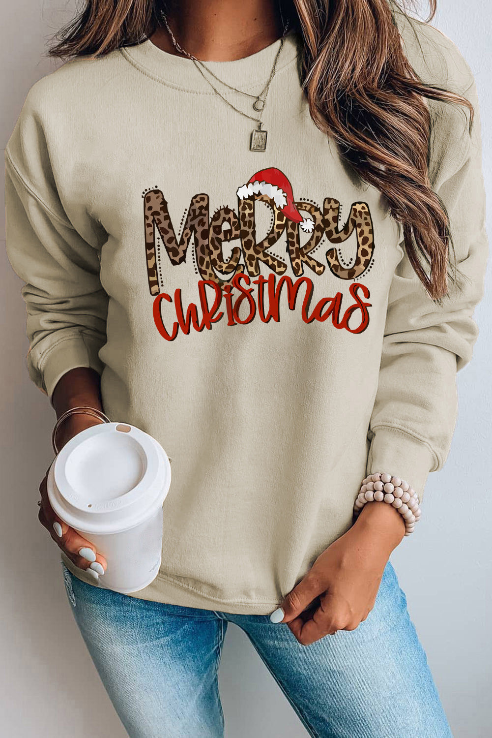 Khaki Merry Christmas Hat Leopard Print Graphic Sweatshirt Khaki 70%Polyester+30%Cotton Graphic Sweatshirts JT's Designer Fashion