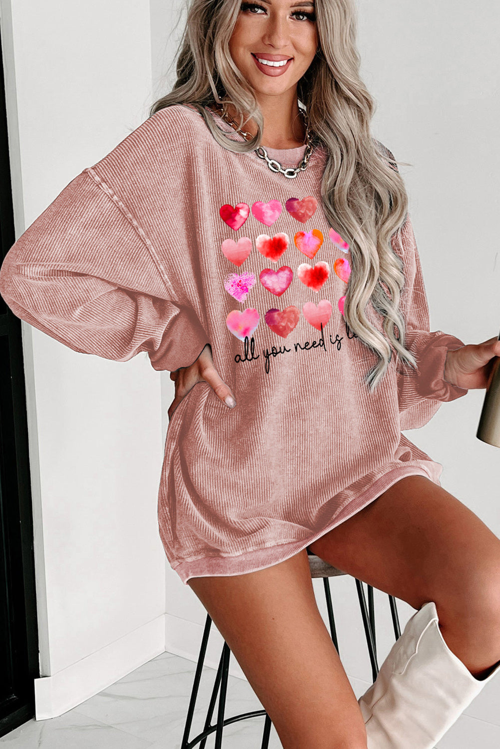 Pink Valentine Heart Shape Graphic Corded Sweatshirt Graphic Sweatshirts JT's Designer Fashion