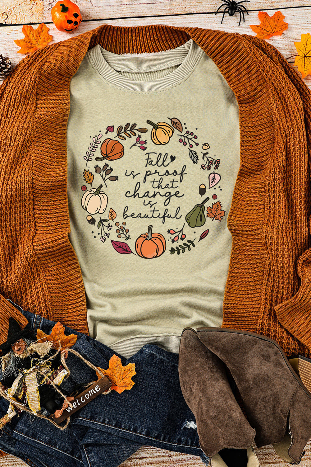 Khaki Fall Vibe Pumpkin Print Round Neck Sweatshirt Graphic Sweatshirts JT's Designer Fashion
