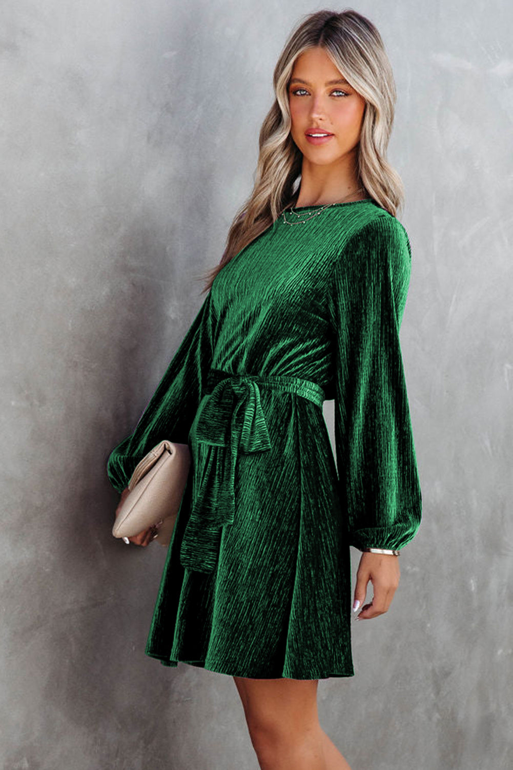 Green Crinkle Velvet Tie Waist Mini Dress Dresses JT's Designer Fashion
