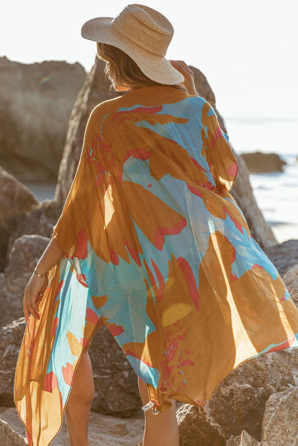 Brown Abstract Print Open Front Kimono with Slits Kimonos JT's Designer Fashion