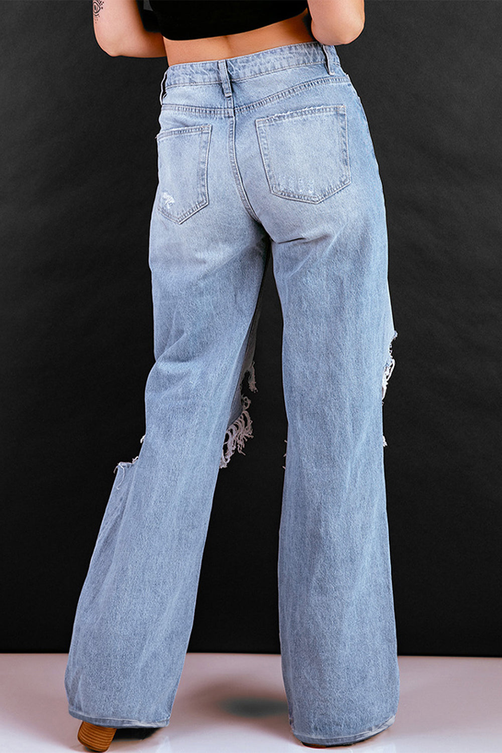 Sky Blue Distressed Ripped Hollow-out Wide Leg Jeans Jeans JT's Designer Fashion