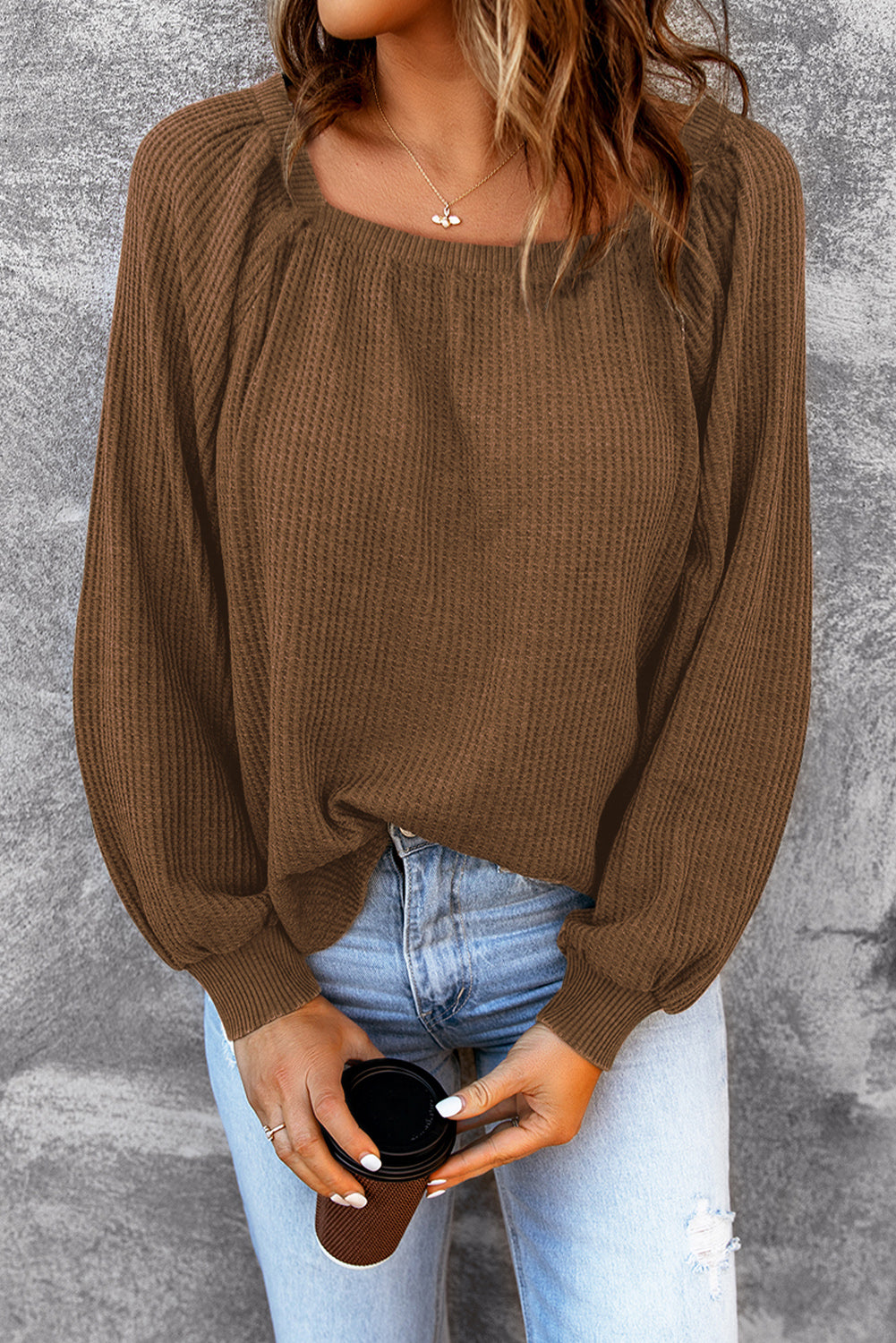 Brown Scoop Neck Puff Sleeve Waffle Knit Top Long Sleeve Tops JT's Designer Fashion