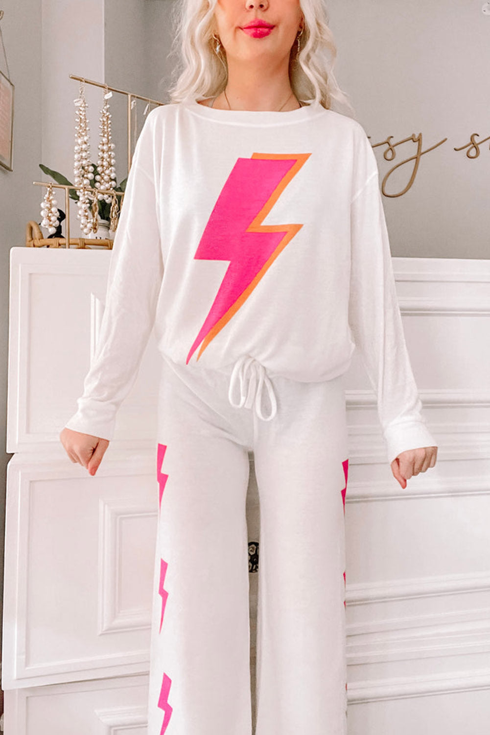 White Lightning Print Casual Wide Leg Long Sleeve Outfit Loungewear JT's Designer Fashion