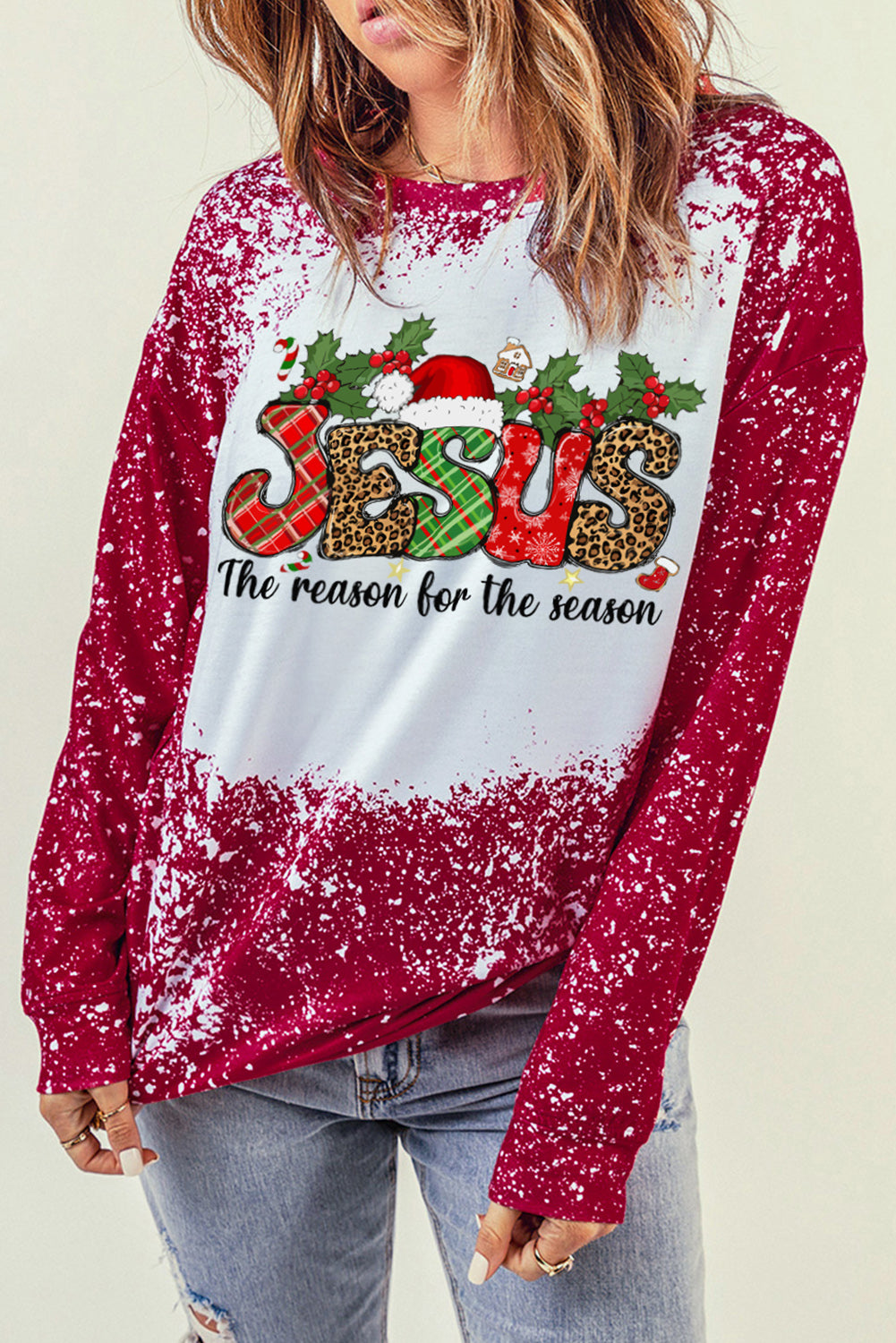 Red Christmas JESUS Monogram Bleached Tie Dye Sweatshirt Graphic Sweatshirts JT's Designer Fashion