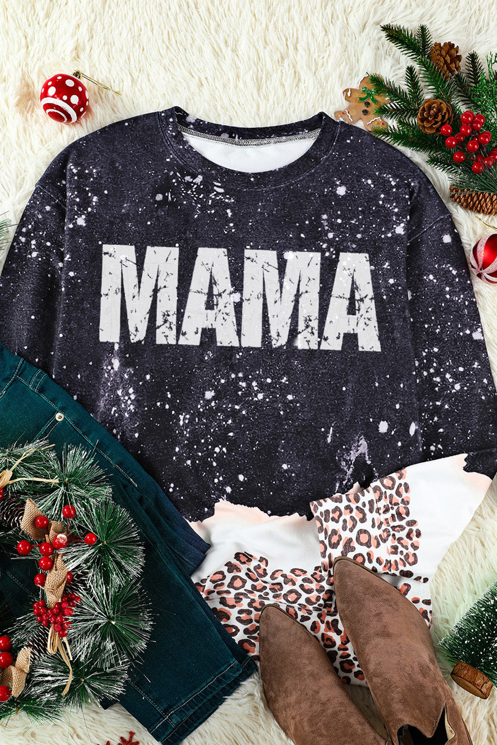 Black MAMA Bleached Leopard Trim Pullover Sweatshirt Black 95%Polyester+5%Elastane Graphic Sweatshirts JT's Designer Fashion