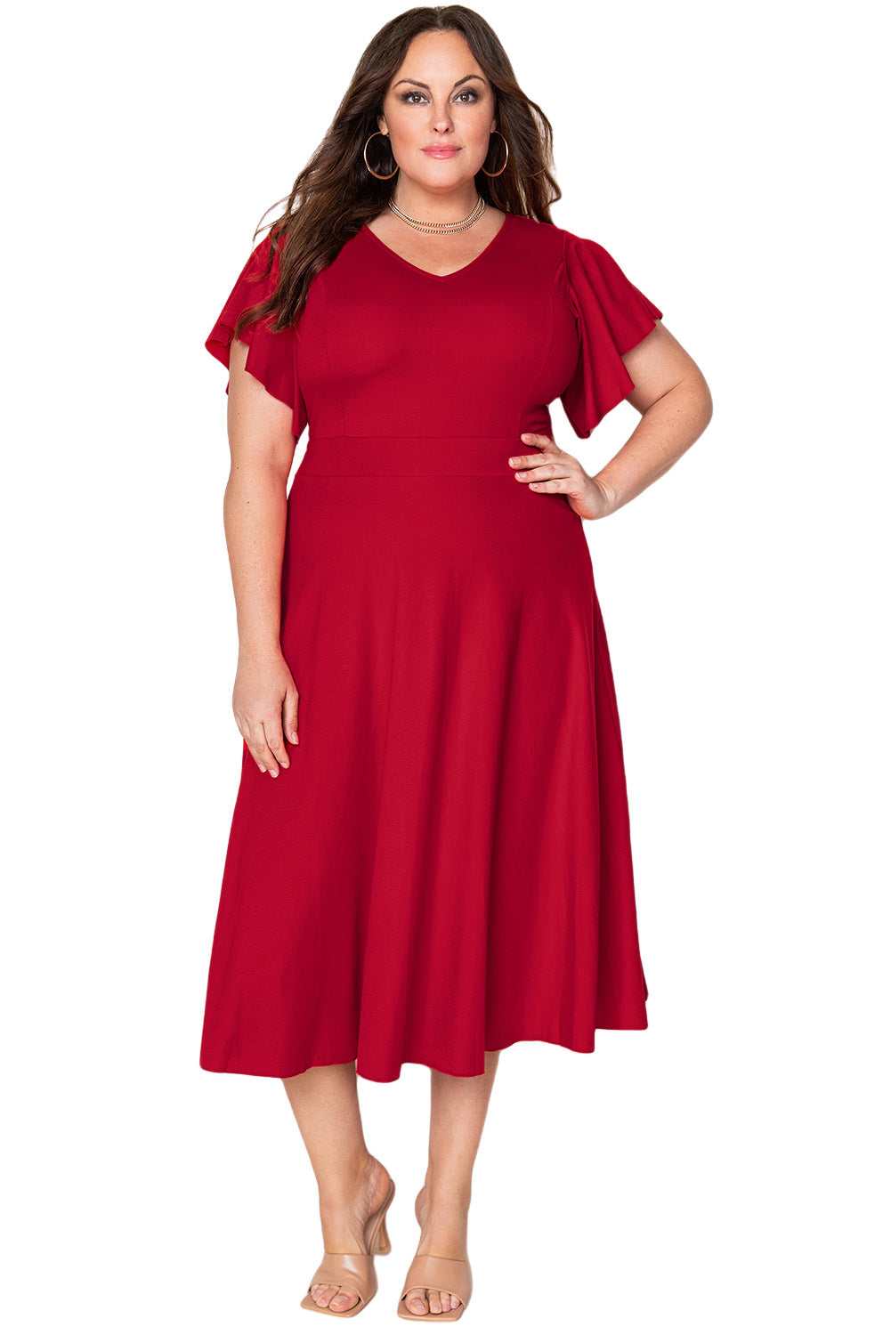 Red Plus Size Short Flutter Sleeve Midi Dress Plus Size Dresses JT's Designer Fashion