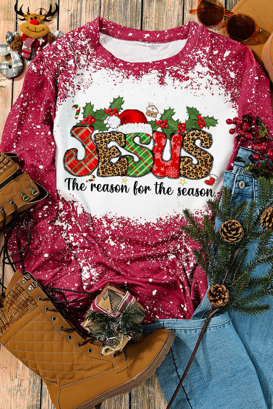 Red Christmas JESUS Monogram Bleached Tie Dye Sweatshirt Red 95%Polyester+5%Elastane Graphic Sweatshirts JT's Designer Fashion