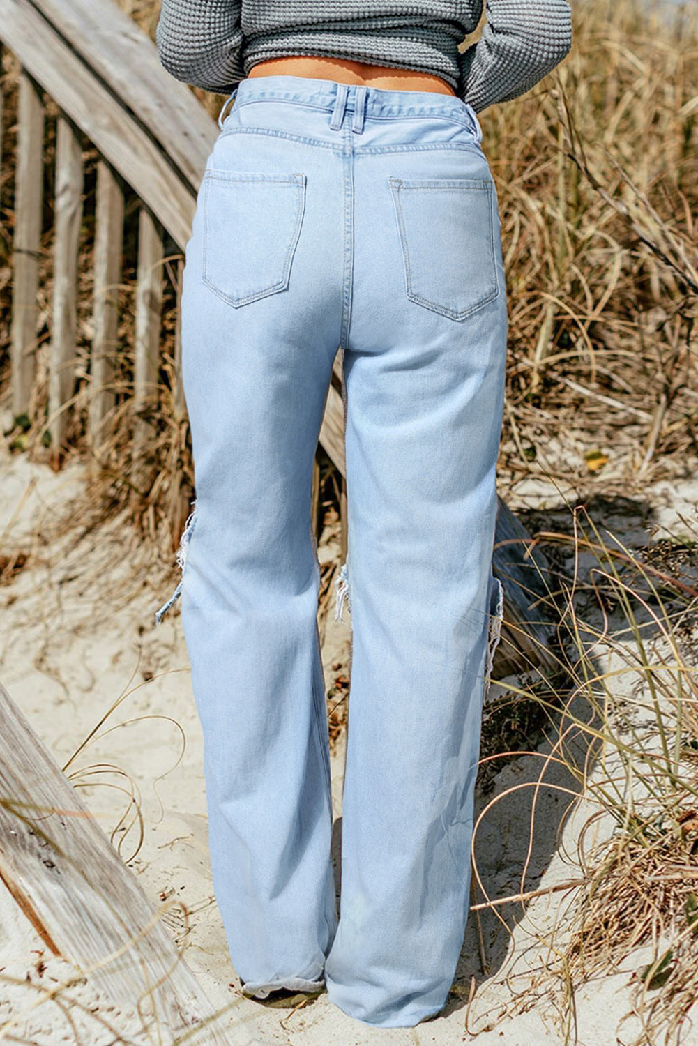 Sky Blue Light Wash Cut out Distressed High Waist Jeans Jeans JT's Designer Fashion