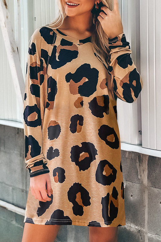 Leopard Print V Neck Long Sleeve Shift Mini Dress Dresses JT's Designer Fashion