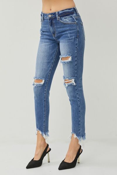 RISEN Distressed Frayed Hem Slim Jeans Jeans JT's Designer Fashion