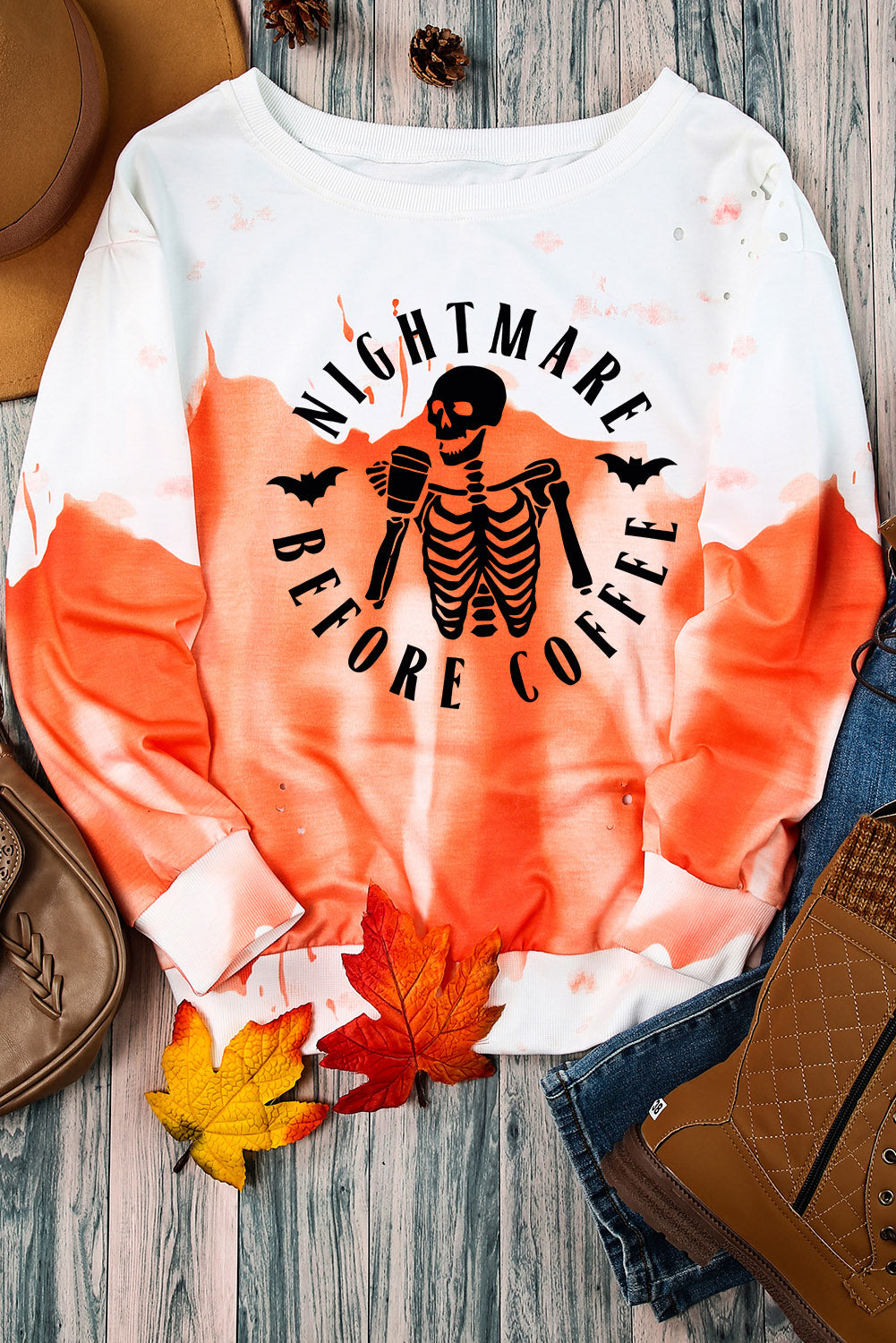 Orange Skeleton Slogan Tie Dye Print Distressed Sweatshirt Graphic Sweatshirts JT's Designer Fashion