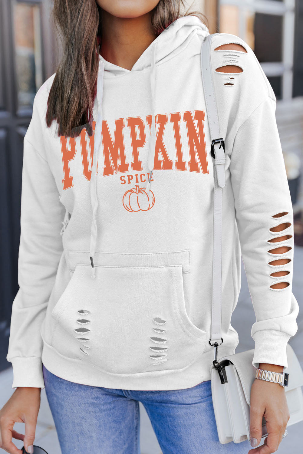 White PUMPKIN SPICE Distressed Hoodie Graphic Sweatshirts JT's Designer Fashion