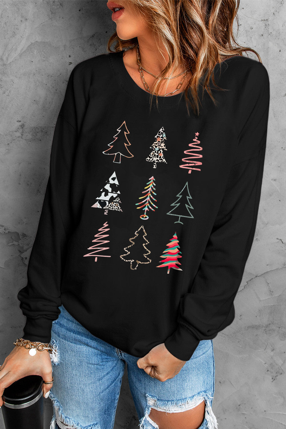 Black Christmas Tree Graphic Print Crew Neck Sweatshirt Graphic Sweatshirts JT's Designer Fashion