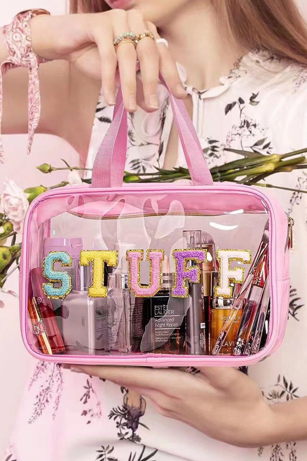 Pink STUFF Glitter Chenille Patched Transparent Makeup Bag Other Accessories JT's Designer Fashion