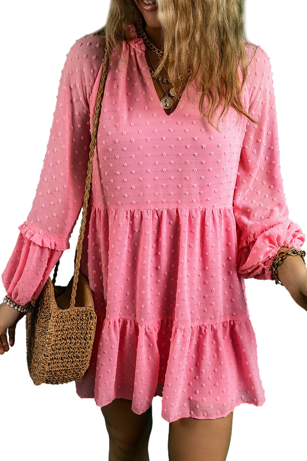 Pink Swiss Dotted Split Neck Tiered Ruffled Short Dress Dresses JT's Designer Fashion