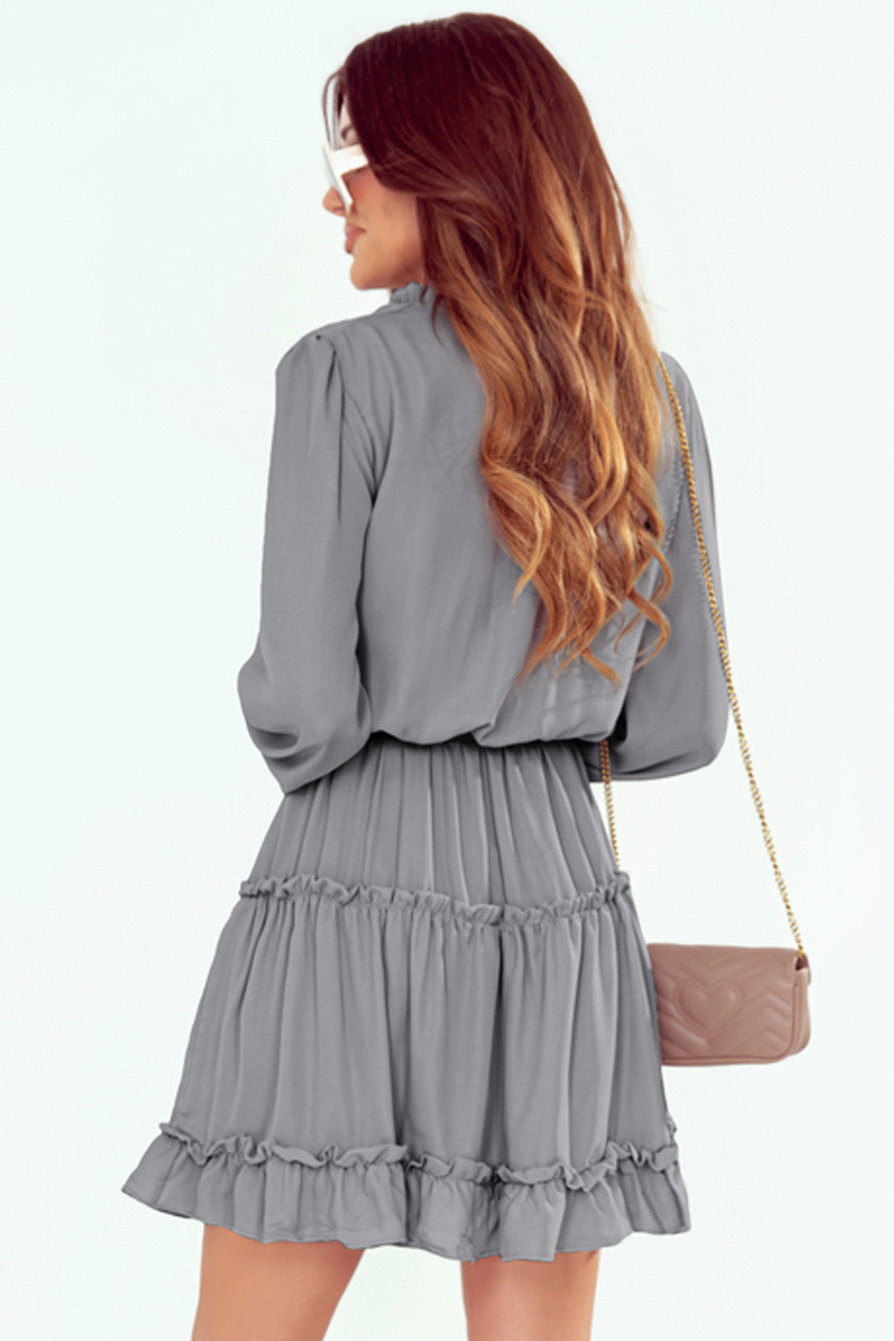 Gray V Neck Long Sleeve Ruffle Tiered Mini Dress Mini Dresses JT's Designer Fashion