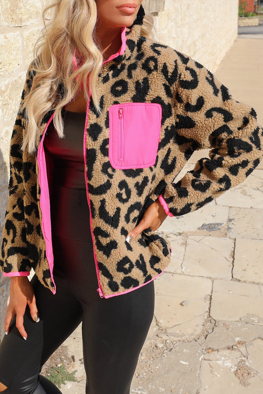 Leopard Colorblock Pocket Zipper Fuzzy Jacket Outerwear JT's Designer Fashion