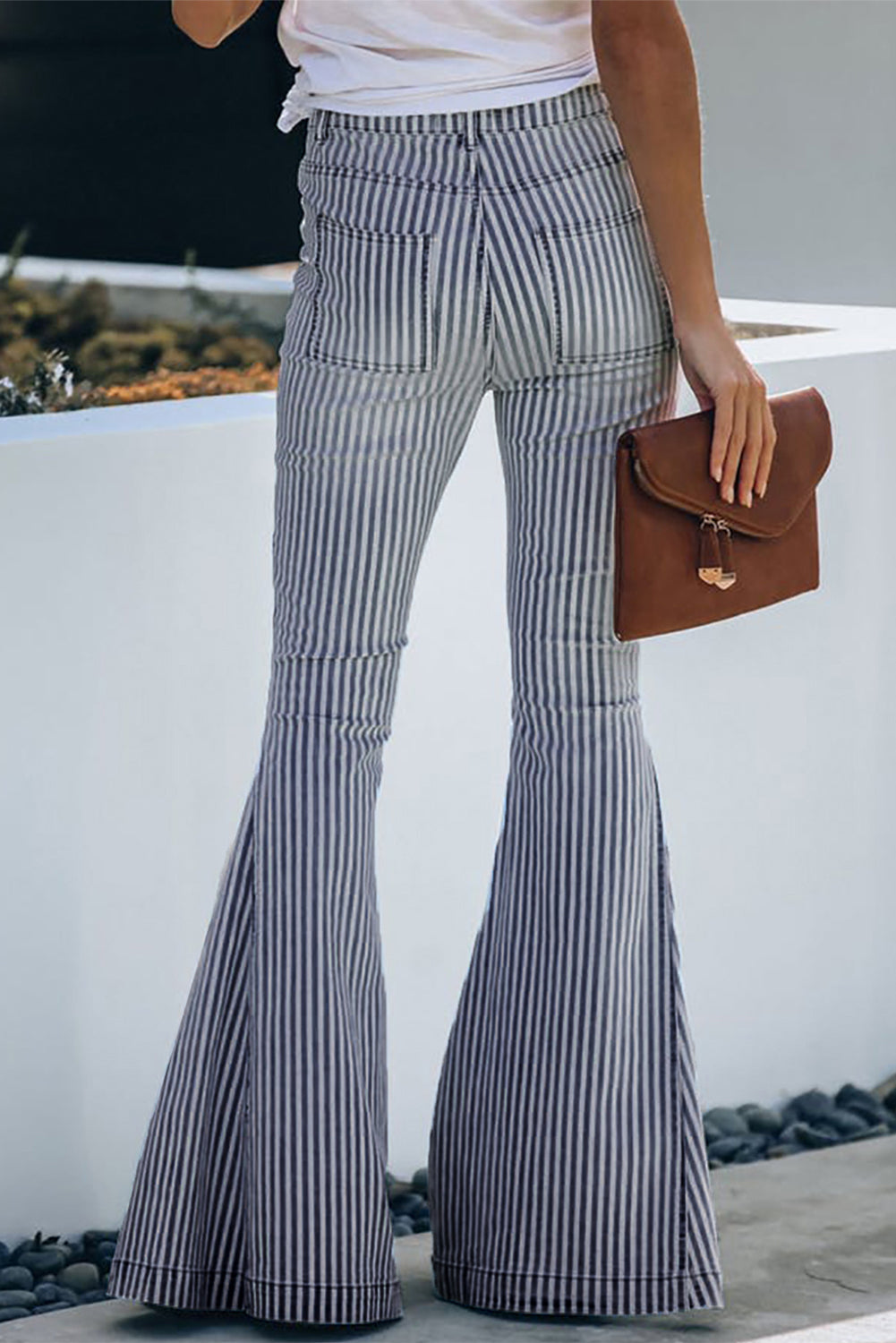 Pocketed Striped Bell Bottom Denim Pants Jeans JT's Designer Fashion