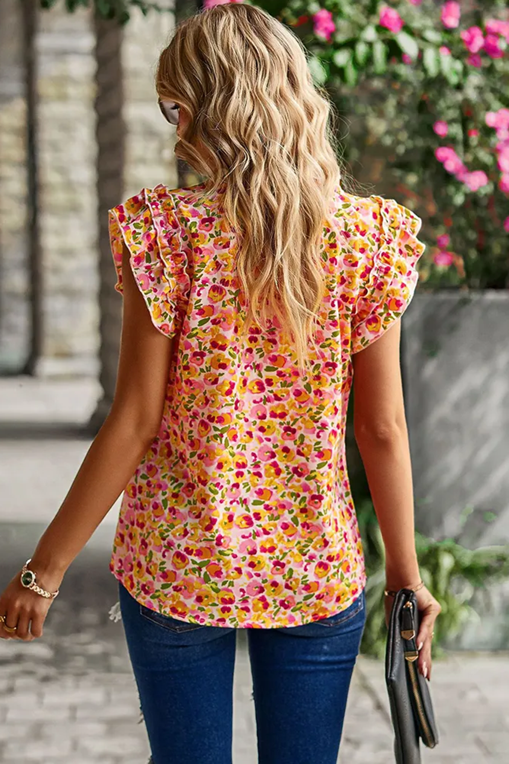 Yellow Floral Print V Neck Ruffled Shoulder Tank Top Pre Order Tops JT's Designer Fashion