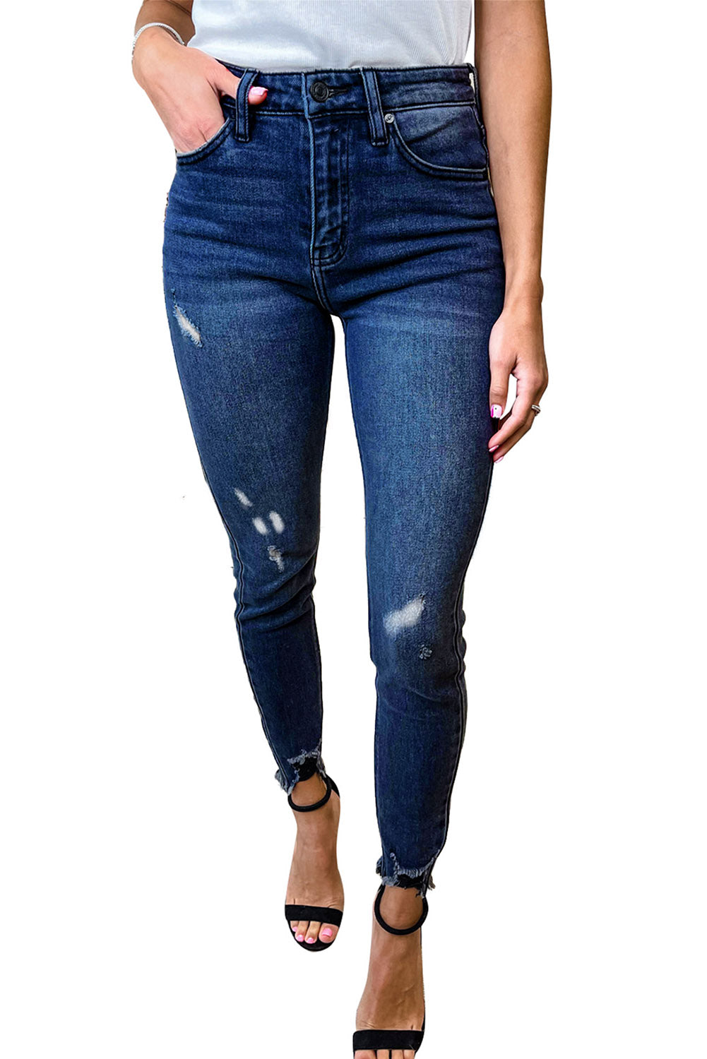 Blue High Rise Frayed Ankle Skinny Jeans Jeans JT's Designer Fashion