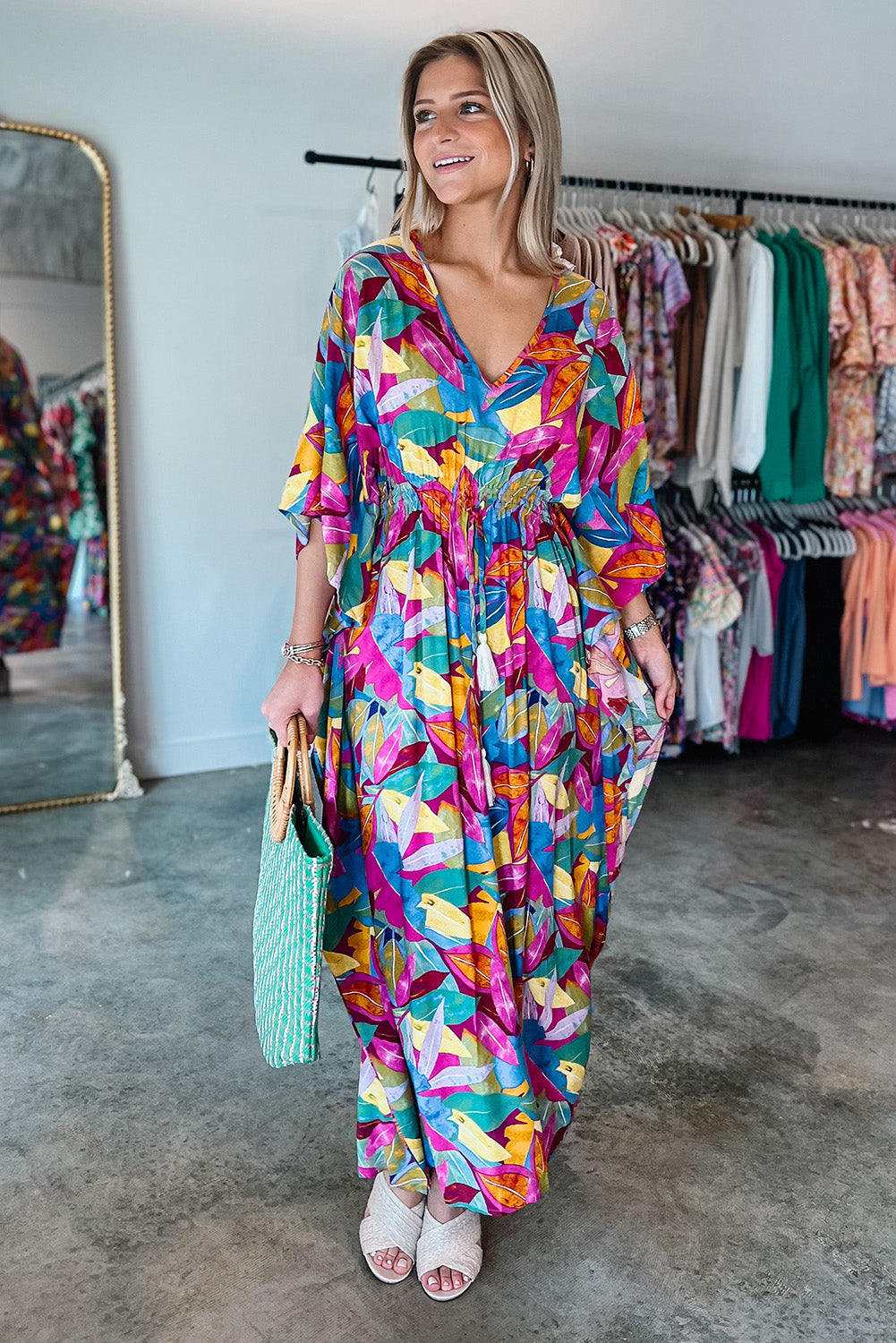 Multicolour Abstract Print High Waist V Neck Maxi Dress Dresses JT's Designer Fashion