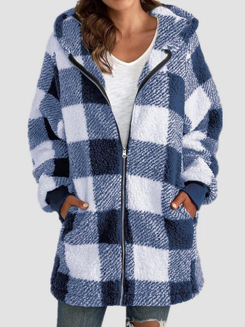 Plaid Zip Up Hooded Jacket with Pockets Peacock Blue Coats & Jackets JT's Designer Fashion